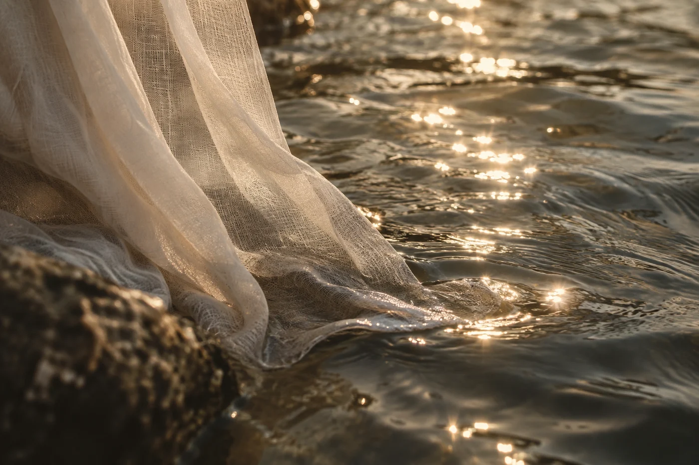 Sheer ivory fabric beside rippling water in golden light.