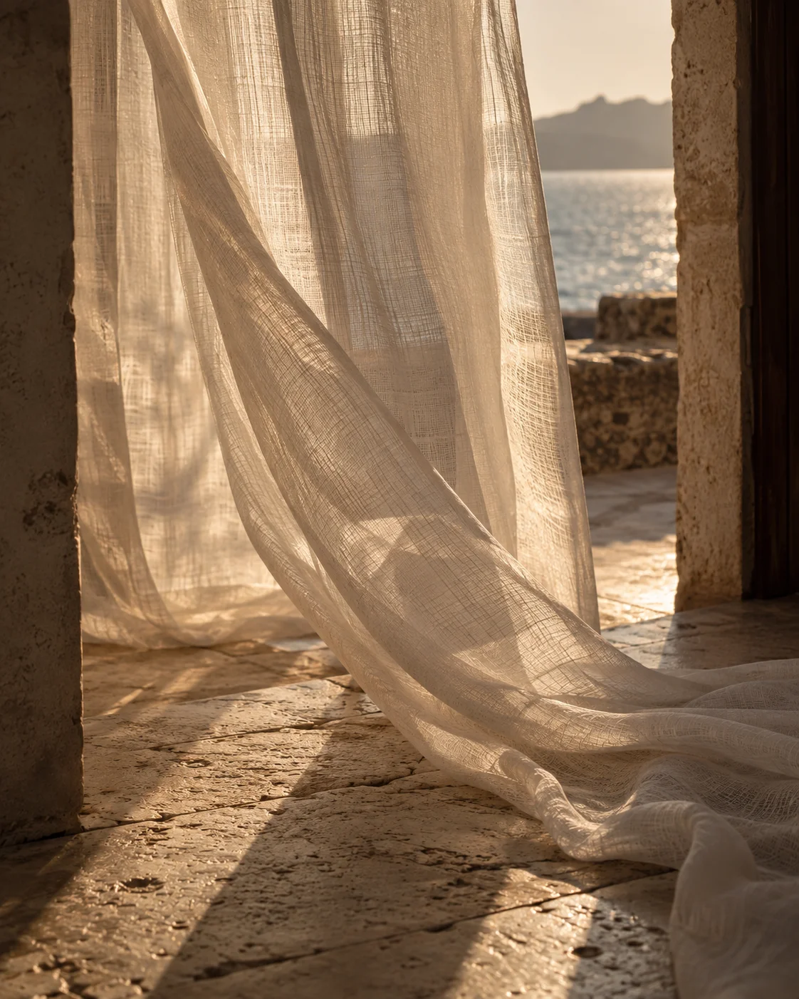 Sunlit linen in a stone doorway overlooking the sea.